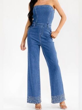 A317. Strapless Wide-Leg Blue Denim Jumpsuit with Embellished Rhinestone Hem